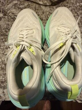 Hoka Cream Knit Sneakers with Mint and Yellow Accents